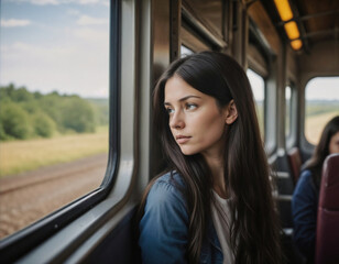 A young woman with long dark hair looking out the window of a train