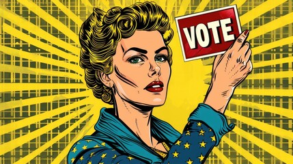 A woman holds a vote sign in her hand, a symbol of democracy and civic engagement