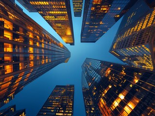 Low angle view of skyscrapers with illuminated windows at dusk.