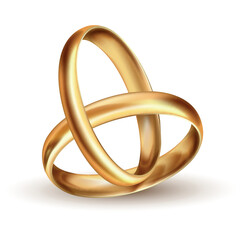 Gold wedding rings intertwined on a white background showcasing elegance and commitment