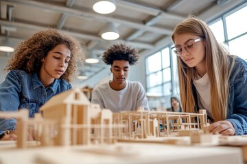 High school students building a model in a collaborative classroom environment