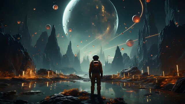 A lone astronaut stands in awe of a majestic alien world, with a giant planet dominating the sky and a plethora of smaller celestial bodies surrounding it.