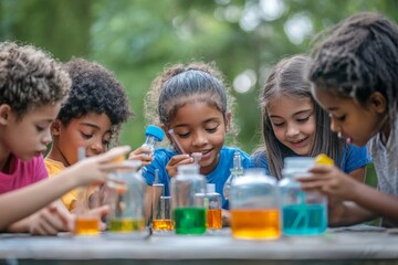 Children collaborating on a science experiment outdoors
