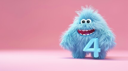 Fototapeta premium Blue 3D Fluffy Number 4 with pink background.