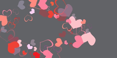 Red hearts confetti. Scatter cornered border on white valentine background.  Heart shaped confetti.