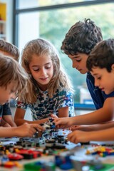 Fototapeta premium Children assembling a model together in a classroom