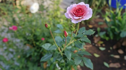 Obraz premium A Beautiful Pink Rose with Buds in a Vibrant Garden