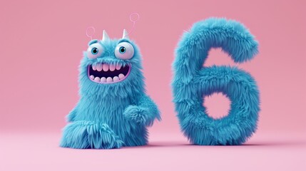 Fototapeta premium Blue 3D Fluffy Number 6 with pink background.