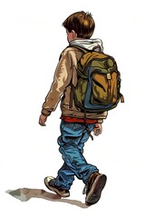 Enfant sur le chemin de l'&eacute;cole pour la rentr&eacute;e scolaire, dessin, ia g&eacute;n&eacute;rative
