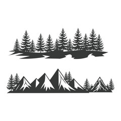 Mountains silhouettes on the white background. Vector set of outdoor design elements. Mountains 
 vector illustration, silhouette, logo icon and line art