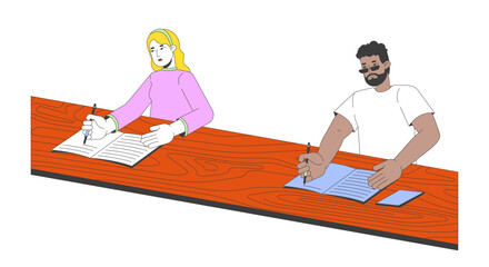 Multicultural college classmates writing lecture 2D cartoon characters. Multiethnic young adults isolated flat vector people white background. University class studying color spot illustration