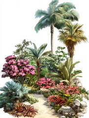 Fototapeta premium Tropical Paradise: Lush Garden with Palm Trees and Flowers