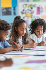Fototapeta premium Children in a classroom working on a team art project