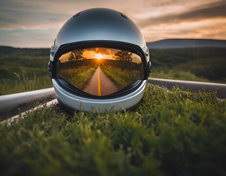 bike helmet closeup photo with sunset refelection on halmet mirror