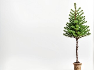 A single small evergreen Christmas tree plant (spruce tree) on right of white background, copy space on left