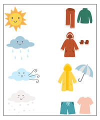 Weather and clothes worksheet for kindergarten, match the weather to the suitable clothing, weather activity for kids 