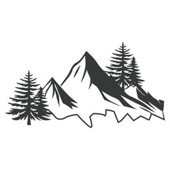 Obraz premium Mountains silhouettes on the white background. Vector set of outdoor design elements. Mountains vector illustration, silhouette, logo icon and line art