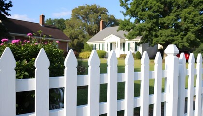 Charming White Picket Fence with Lush Greenery