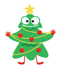 Decorated Christmas tree. Funny anthropomorphic character.