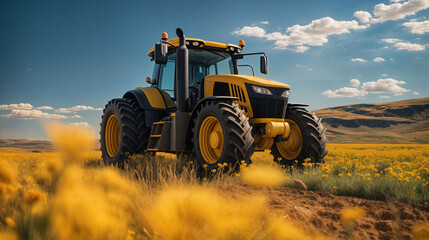 Yellow tractor in field of yellow flowers. Agricultural vehicle. Farming, countryside, harvest concept. Background for banner, poster, advertising