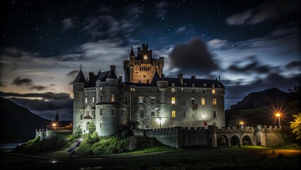 Obraz premium An illuminated medieval castle stands tall under a starry night sky.