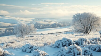 A serene winter landscape with snow-covered hills and trees under a soft blue sky.