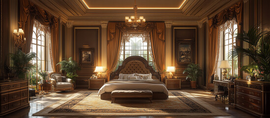 Generative AI, Luxury Bedroom Warm Lighting and Sophisticated Furnishings