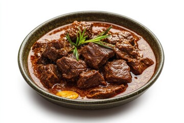 Rendang, A slow-cooked dry curry made from beef braised in coconut milk and a mixture of lemongrass, galangal, garlic, turmeric, ginger, and chilies. isolated on white background