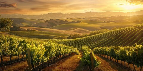 Fototapeta premium A breathtaking landscape of rolling vineyards under a golden sunset, showcasing nature's beauty and serenity.