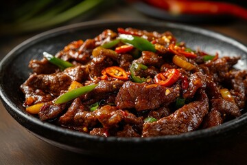 Fototapeta premium Spicy Fried Beef, Thinly sliced beef that is deep-fried until crispy and then coated with a spicy chili sauce made from red chilies, shallots, garlic, and tomatoes.