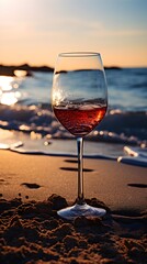  A close-up of a glass of red wine placed on a sandy beach. The serene ocean waves gently crash in the background under a beautiful sunset, creating a tranquil and relaxing scene.

