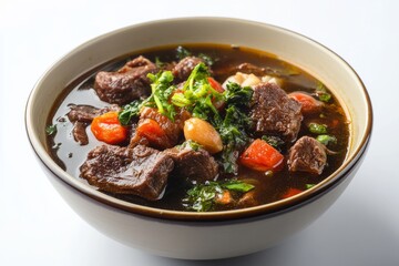Surabaya Black Soup, he most famous version of rawon, originating from Surabaya in East Java. isolated on white background