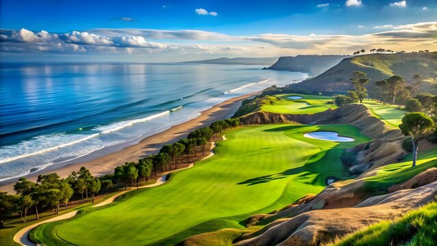 Scenic view of the iconic Torrey Pines Golf Course overlooking the Pacific Ocean in La Jolla, California , Golf