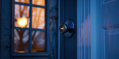 A close-up of a doorknob at twilight, illuminated by soft light from a nearby window, creating a serene atmosphere.