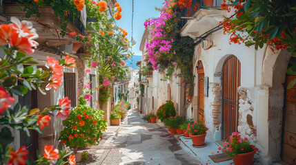 Fototapeta premium A charming summer street in a Mediterranean village, with narrow alleys, vibrant flowers cascading from balconies, and the scent of fresh citrus in the air.