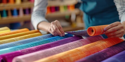 Obraz premium A close-up of a person arranging vibrant rolls of crafting paper in various colors, showcasing creativity and artistic expression.