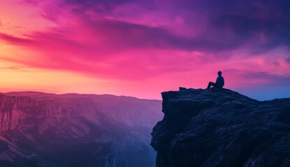 Serenity at Twilight: A Solitary Figure on a Mountain Summit, Contemplating the Majestic Vista with a Canvas of Vibrant Skies, Ideal for Travel and Leisure Posters and 4K Wallpapers.