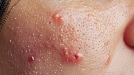 Fototapeta premium Close-up of acne on a person's face.