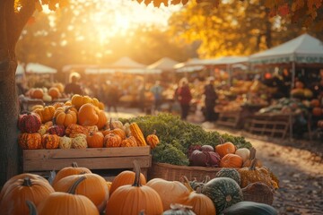 Pumpkins and gourds at a fall market with autumn leaves and a blurred background