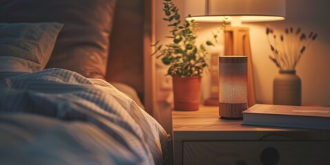 A cozy bedroom setup featuring a warm lamp, lush plant, and inviting bedding, perfect for relaxation and comfort.