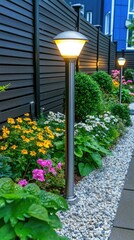 The garden pathway glows softly from tall bollard lights, creating a serene atmosphere with lush greenery and blooming flowers under the night sky
