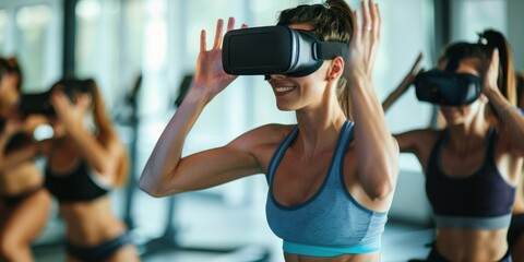 A group of women enjoying a virtual reality workout session in a modern gym, showcasing fitness and technology integration.