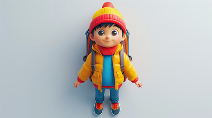 3D cartoon child in winter outfit with school bag and back to school.