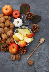 Apples and honey, Jewish new year's symbols top view photo. Rosh Hashana celebration concept. Still life with autumn fruit. 