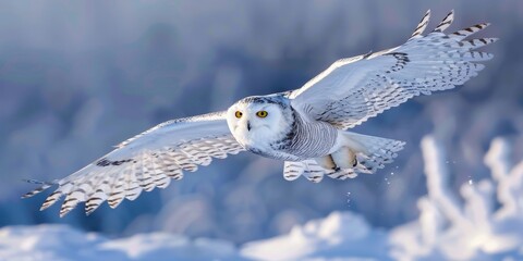 A majestic snowy owl soaring gracefully through a winter wonderland, showcasing its stunning white feathers and sharp gaze.