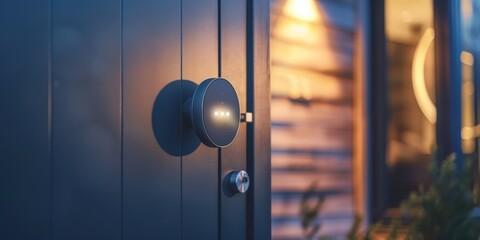 A modern smart lock on a door, showcasing innovative home security and stylish design in evening lighting.