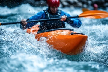 Fototapeta premium A vibrant orange kayak cuts through rushing white water. The paddler shows determination and skill. This dynamic outdoor scene captures adventure and excitement. 