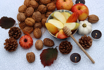 Apples and honey, Jewish new year's symbols top view photo. Rosh Hashana celebration concept. Still life with autumn fruit. 