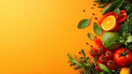 Fresh assorted vegetables and fruits with pepper and herbs on an orange background. Vibrant and healthy food composition.