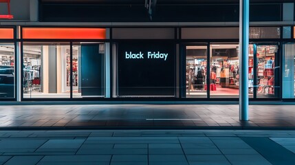 A storefront with the words 'Black Friday' lit up in the window.